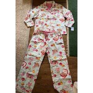 New Nick & Nora Cotton Flannel Pajamas Women's XXL  Blue Macaron Macaroons NWT